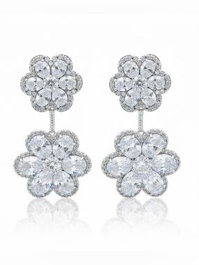 SILVER CLEAR FLORAL DROP CZ EARRINGS